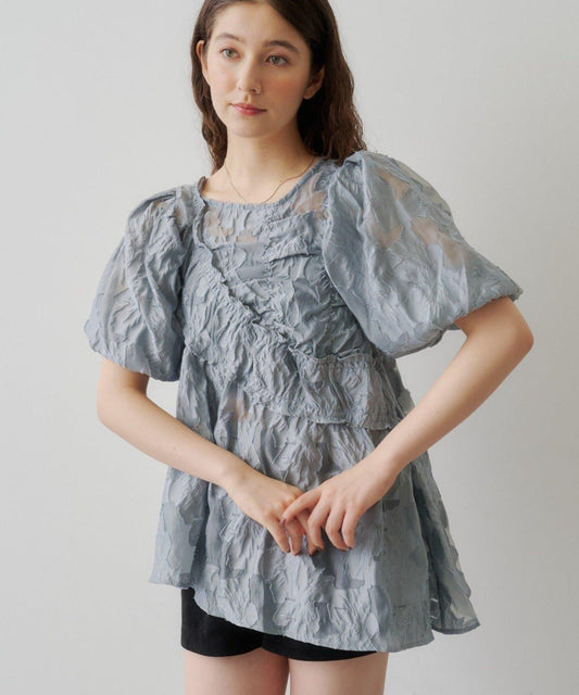 [Dot & Solid Color] Flower Tulle Long Sleeve Puff Top