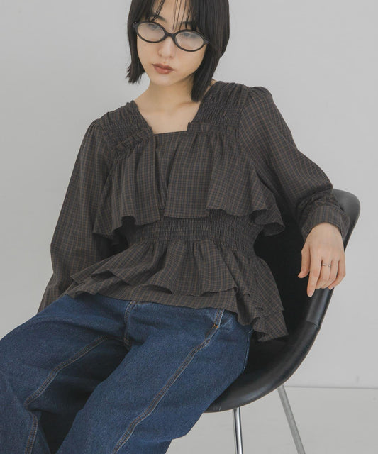 Check Frill Peplum Blouse