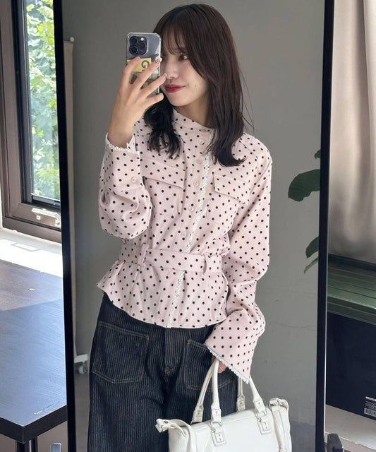Dot Stand Neck Belted Shirt Jacket