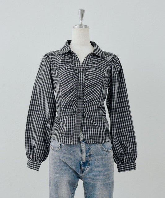 [@_puni.moe Planning] Gathered Back Lace-Up Blouse