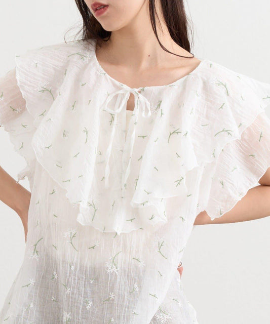 Flower Embroidery Frill Blouse