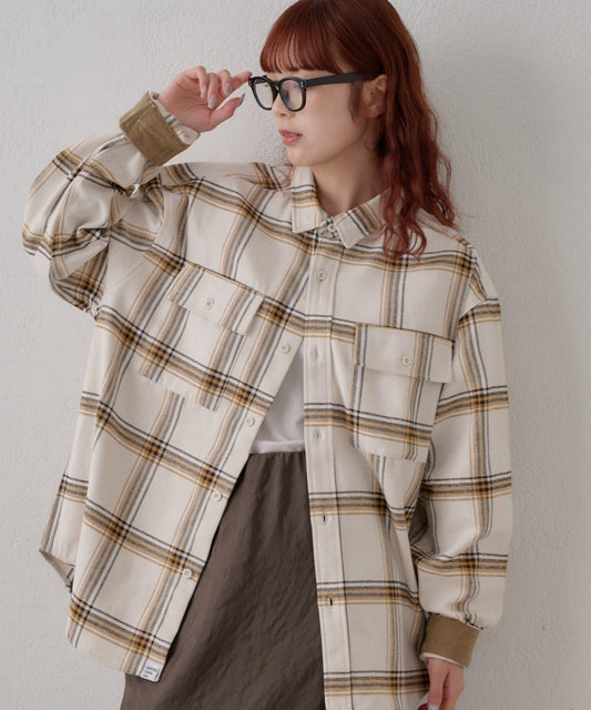 [UNISEX] Corduroy Sleeve Switching / Mall Check Shirt Jacket