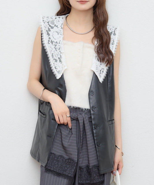[mystic] Lace Collar Faux Leather Vest