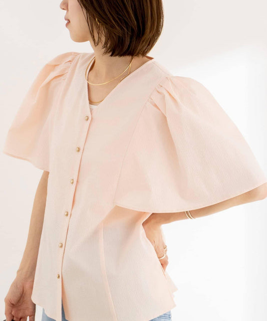 Washable Seersucker Flare Sleeve Shirt Blouse