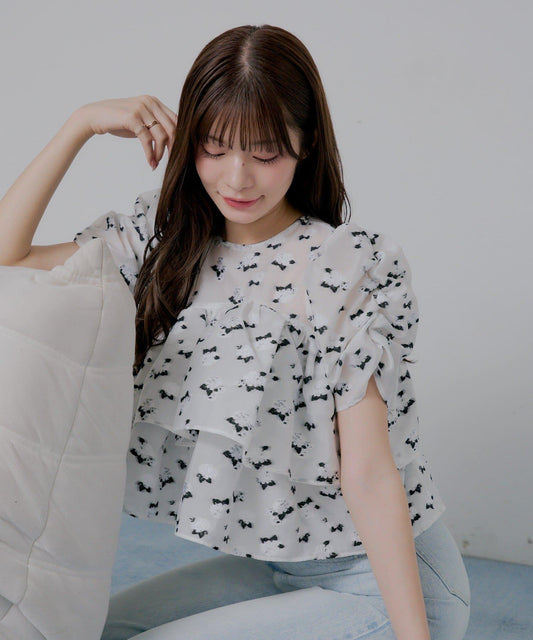 【Chico】Short Puff Tiered Blouse